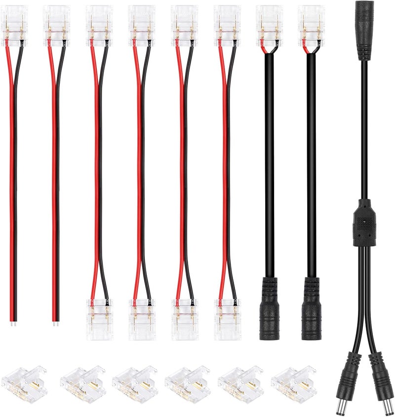 HitLights LED Strip Connector 2Pin 10mm Connector Kit Include Gapless Connector, Jumper Connectors, Pigtail Connector, DC Female and Connector, DC Jack Splitter for COB/2835 Single Color LED Strips - Image 1